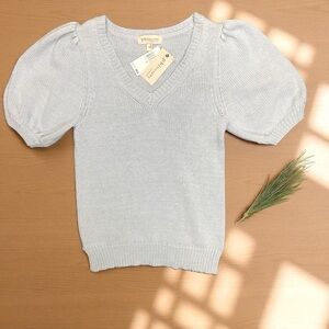 NWT Philosophy Ice Blue V-Neck Short Puff Sleeve 100% Cotton Sweater Size S
